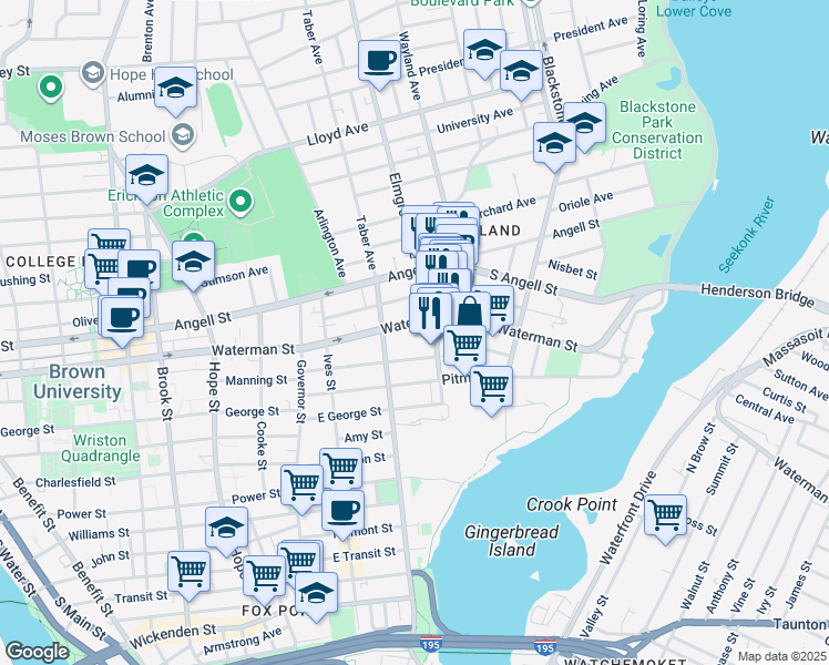 map of restaurants, bars, coffee shops, grocery stores, and more near 106 East Manning Street in Providence