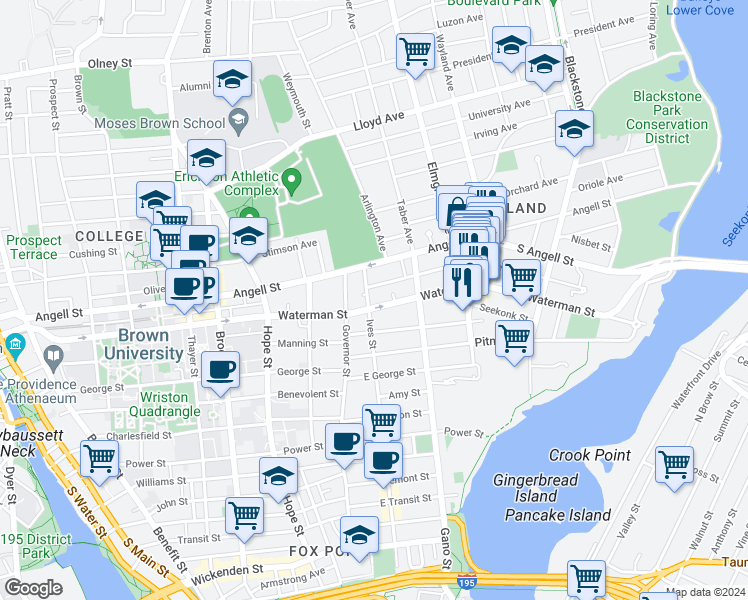 map of restaurants, bars, coffee shops, grocery stores, and more near 339 Ives Street in Providence