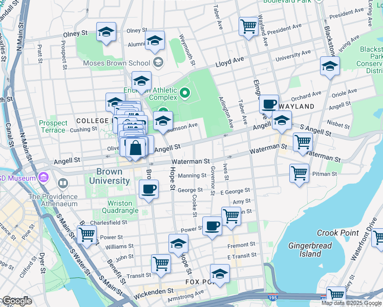 map of restaurants, bars, coffee shops, grocery stores, and more near 151 Waterman Street in Providence