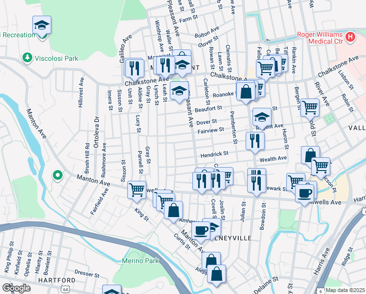 map of restaurants, bars, coffee shops, grocery stores, and more near 141 Hendrick Street in Providence