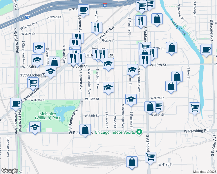 map of restaurants, bars, coffee shops, grocery stores, and more near 3636 South Wood Street in Chicago