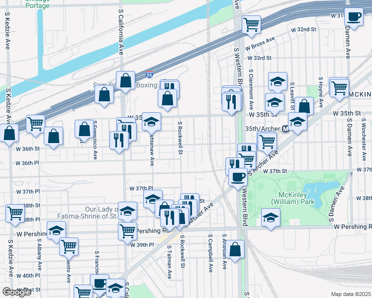 map of restaurants, bars, coffee shops, grocery stores, and more near 3620 South Rockwell Street in Chicago