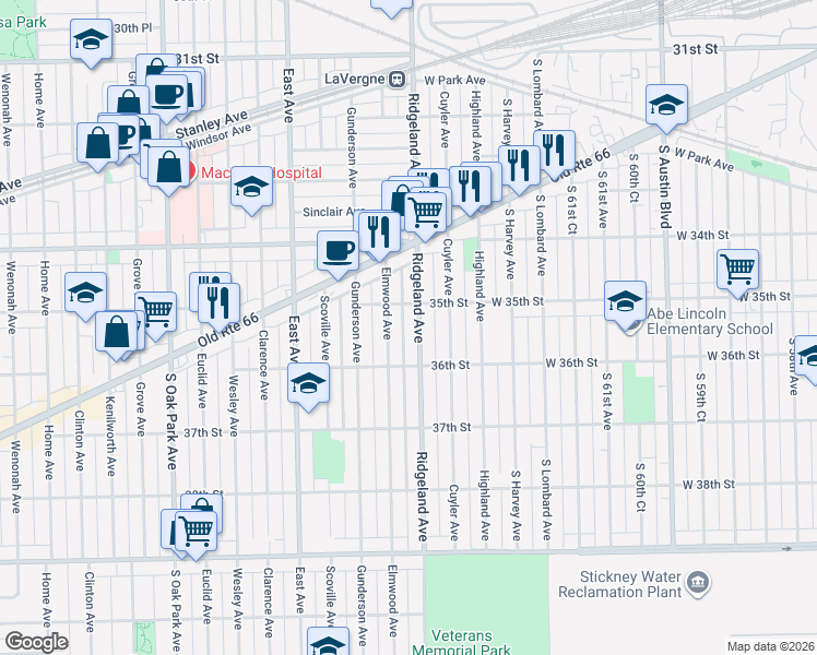 map of restaurants, bars, coffee shops, grocery stores, and more near 3540 Ridgeland Avenue in Berwyn