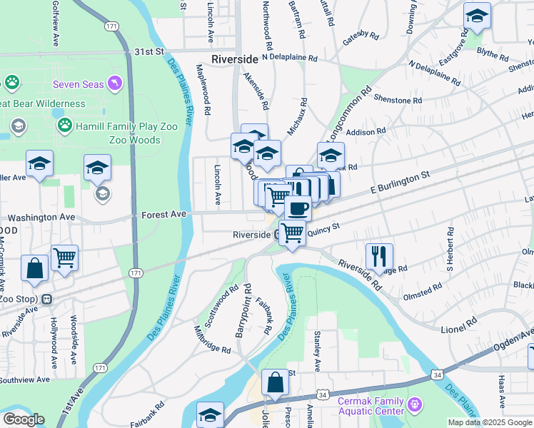 map of restaurants, bars, coffee shops, grocery stores, and more near in Riverside