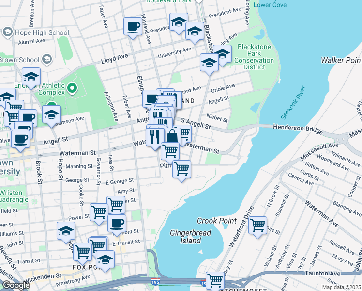 map of restaurants, bars, coffee shops, grocery stores, and more near 255 Waterman Street in Providence