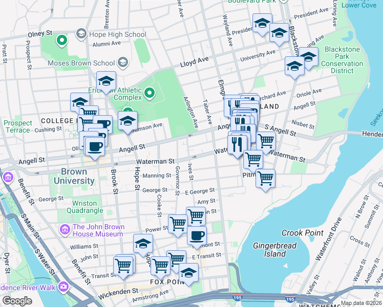 map of restaurants, bars, coffee shops, grocery stores, and more near 339 Ives Street in Providence
