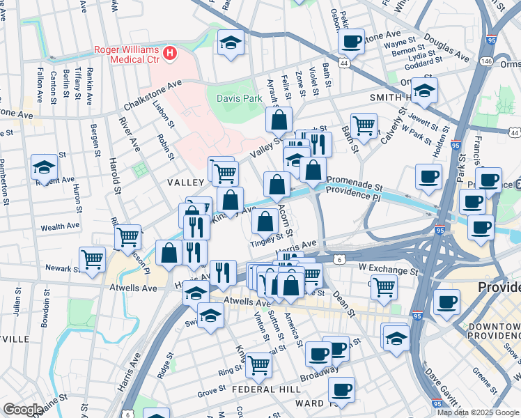 map of restaurants, bars, coffee shops, grocery stores, and more near 350 Kinsley Avenue in Providence