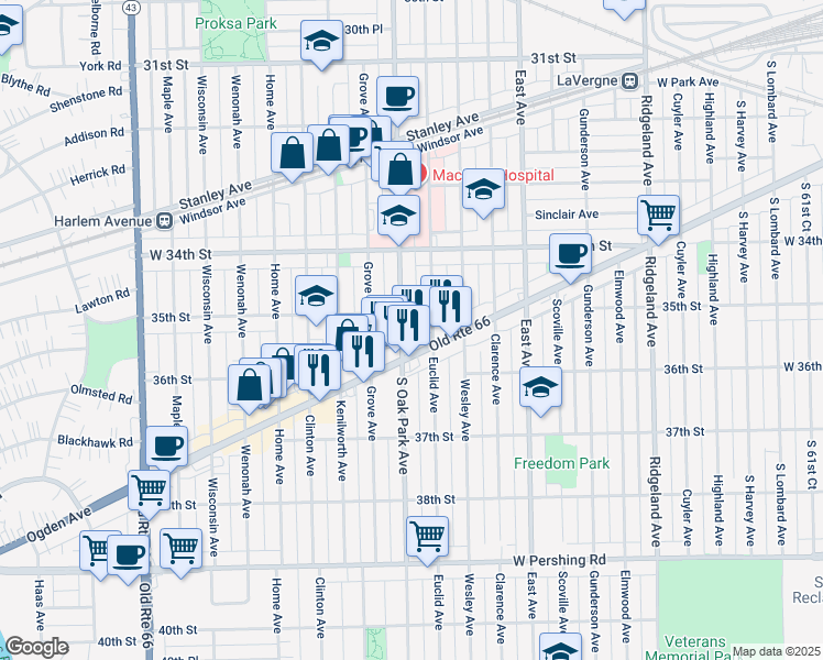 map of restaurants, bars, coffee shops, grocery stores, and more near in Berwyn