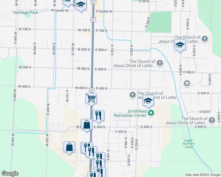 map of restaurants, bars, coffee shops, grocery stores, and more near 126 East 400 South in Smithfield