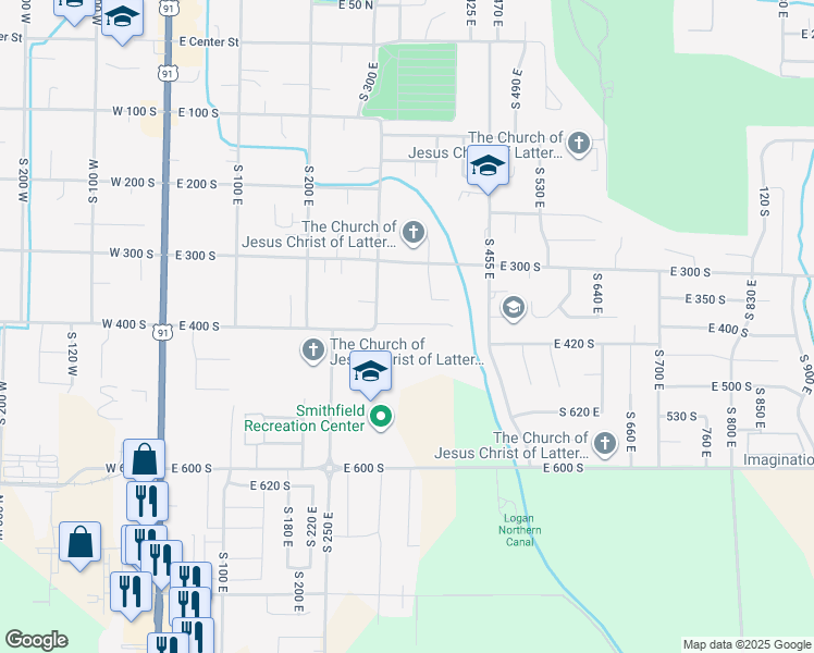 map of restaurants, bars, coffee shops, grocery stores, and more near 350 E 400 S in Smithfield