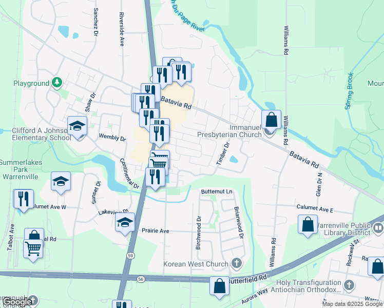 map of restaurants, bars, coffee shops, grocery stores, and more near 1 Winchester Circle East in Warrenville