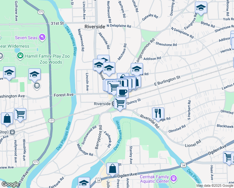 map of restaurants, bars, coffee shops, grocery stores, and more near 4 Forest Avenue in Riverside