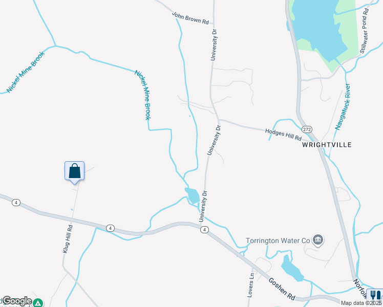 map of restaurants, bars, coffee shops, grocery stores, and more near 269 University Drive in Torrington