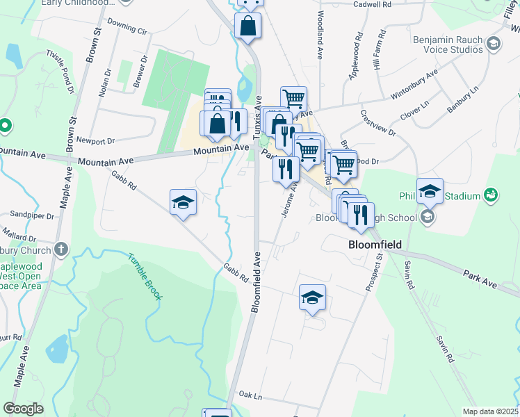 map of restaurants, bars, coffee shops, grocery stores, and more near 700 Bloomfield Avenue in Bloomfield