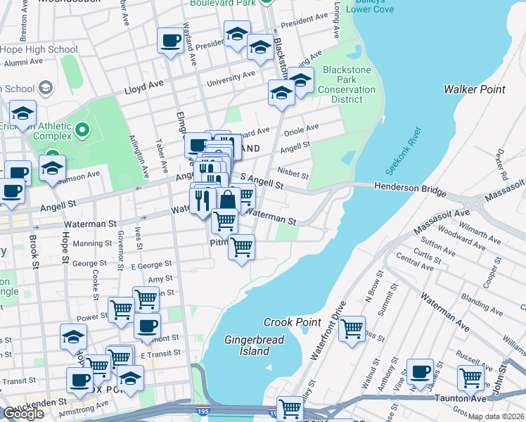 map of restaurants, bars, coffee shops, grocery stores, and more near 24 Cold Spring Street in Providence
