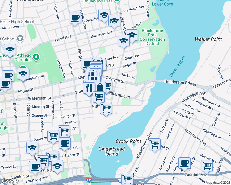 map of restaurants, bars, coffee shops, grocery stores, and more near 24 Cold Spring Street in Providence