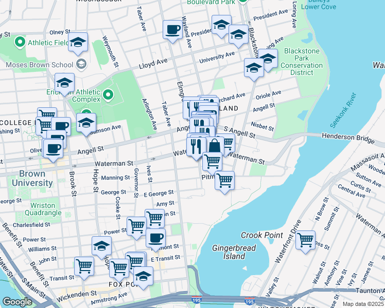 map of restaurants, bars, coffee shops, grocery stores, and more near 106 East Manning Street in Providence