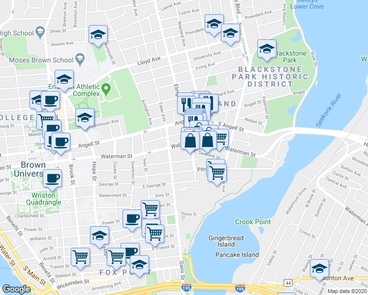 map of restaurants, bars, coffee shops, grocery stores, and more near 106 East Manning Street in Providence