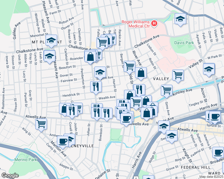map of restaurants, bars, coffee shops, grocery stores, and more near 44 Wealth Avenue in Providence