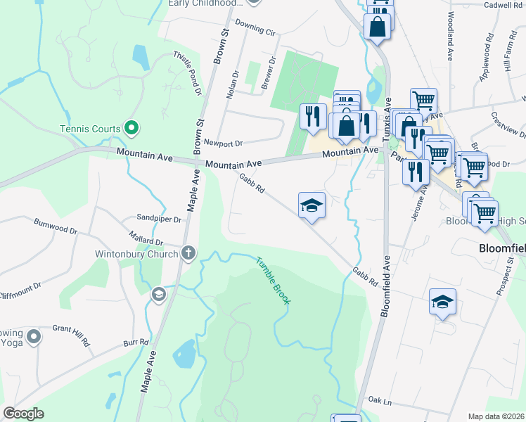 map of restaurants, bars, coffee shops, grocery stores, and more near 17 Puritan Drive in Bloomfield