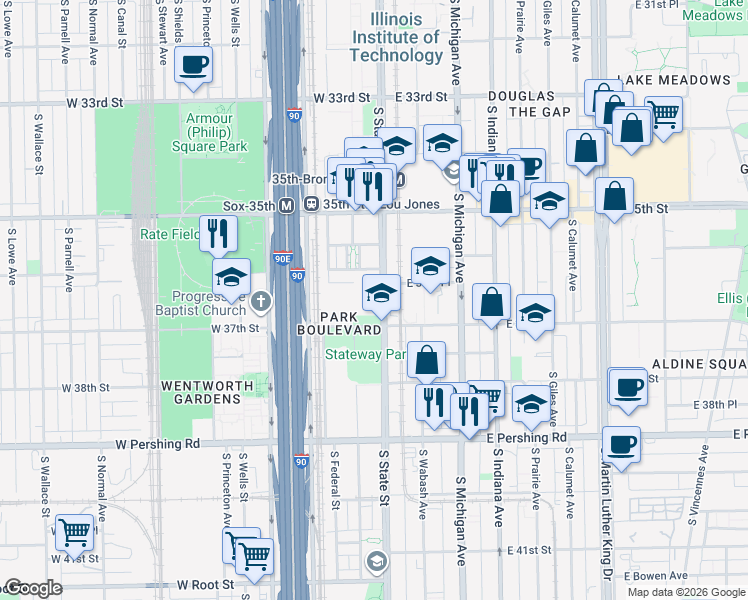 map of restaurants, bars, coffee shops, grocery stores, and more near 4 West 37th Street in Chicago