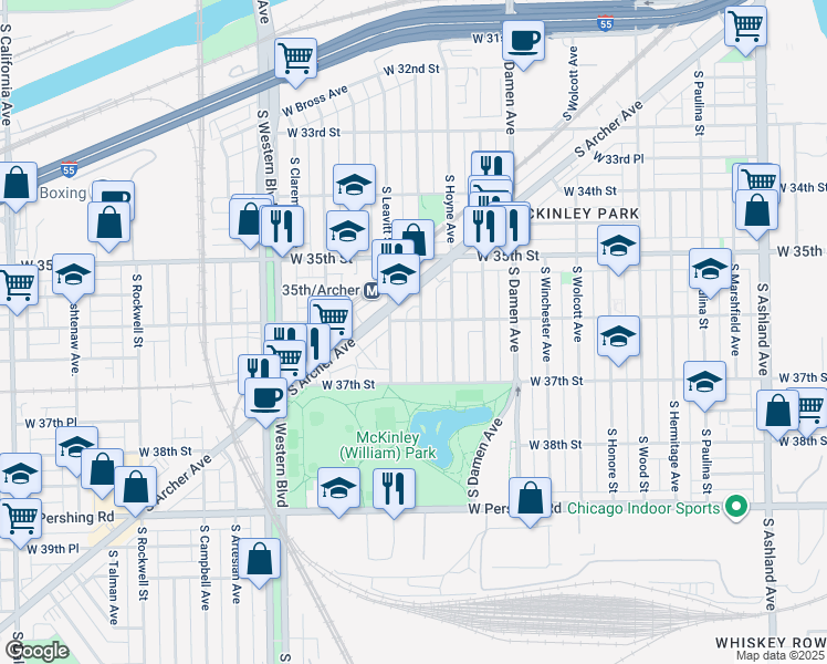 map of restaurants, bars, coffee shops, grocery stores, and more near 3631 South Leavitt Street in Chicago