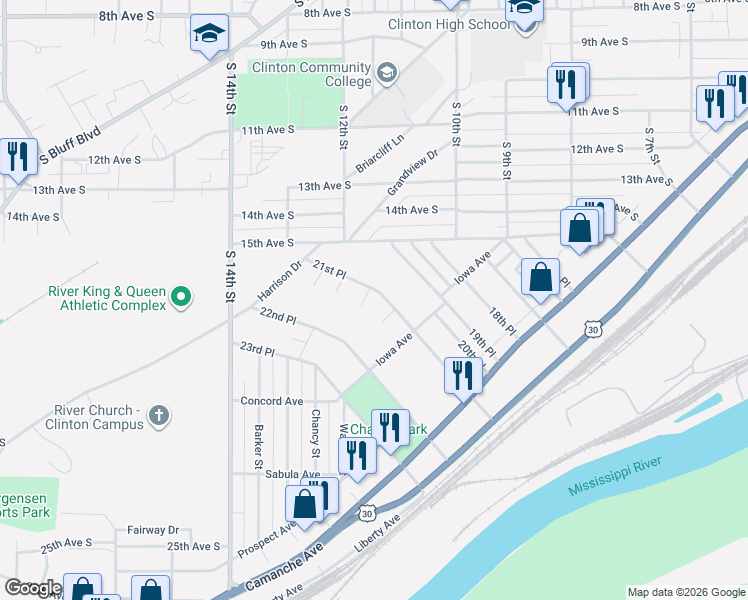 map of restaurants, bars, coffee shops, grocery stores, and more near 2122 East Court in Clinton