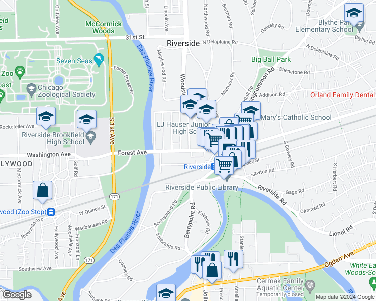 map of restaurants, bars, coffee shops, grocery stores, and more near 68 Forest Avenue in Riverside