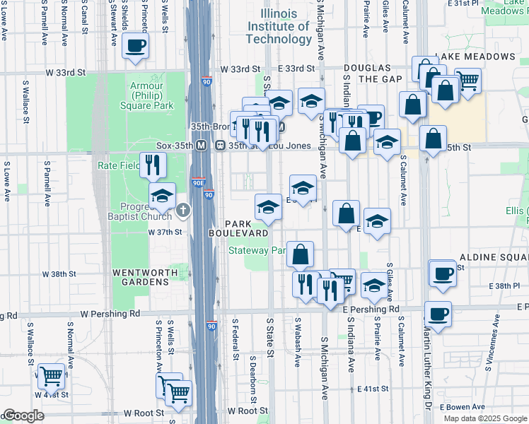 map of restaurants, bars, coffee shops, grocery stores, and more near 3622 South State Street in Chicago