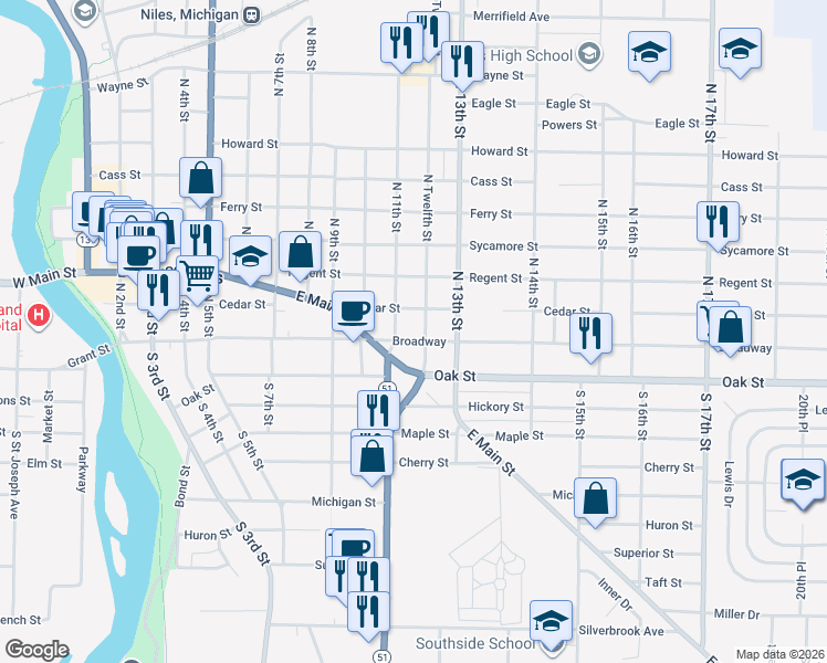 map of restaurants, bars, coffee shops, grocery stores, and more near 7 South 12th Street in Niles