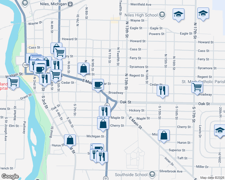 map of restaurants, bars, coffee shops, grocery stores, and more near 35 South 11th Street in Niles