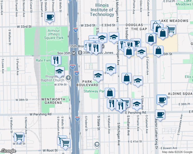 map of restaurants, bars, coffee shops, grocery stores, and more near 3622 South State Street in Chicago