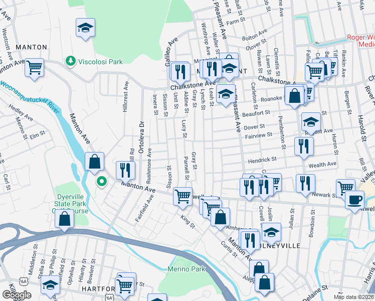 map of restaurants, bars, coffee shops, grocery stores, and more near 76 Parnell Street in Providence
