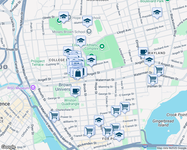 map of restaurants, bars, coffee shops, grocery stores, and more near 200 Hope Street in Providence