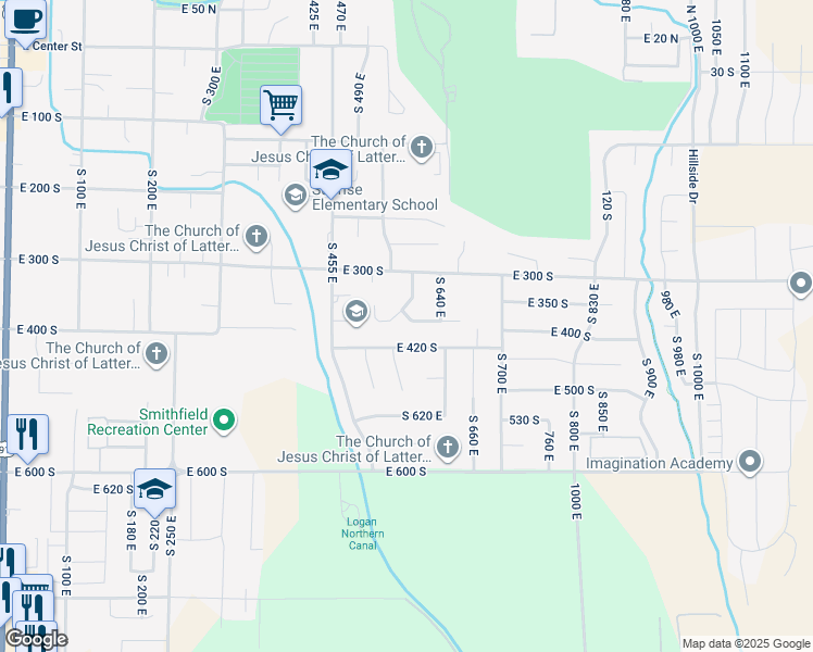 map of restaurants, bars, coffee shops, grocery stores, and more near 600 East 380 South in Smithfield