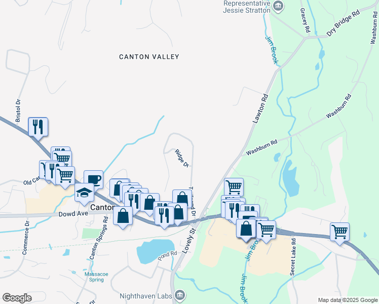 map of restaurants, bars, coffee shops, grocery stores, and more near 35 Trailsend Drive in Canton
