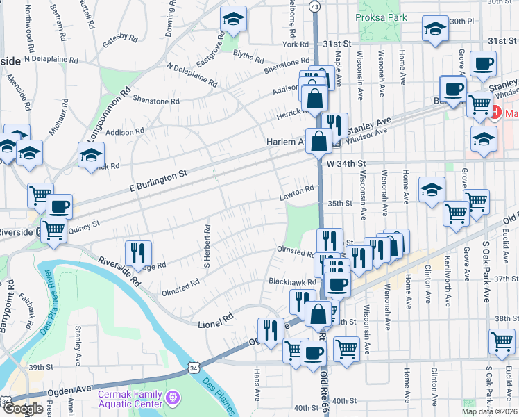 map of restaurants, bars, coffee shops, grocery stores, and more near 290 Lawton Road in Riverside