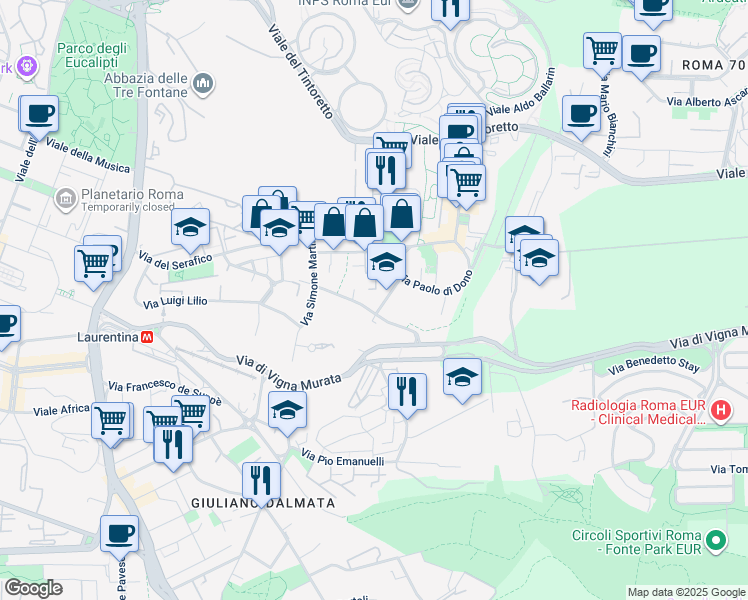 map of restaurants, bars, coffee shops, grocery stores, and more near 16 Via Antonio Pisano in Roma