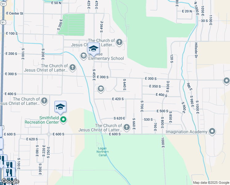 map of restaurants, bars, coffee shops, grocery stores, and more near 600 East 380 South in Smithfield