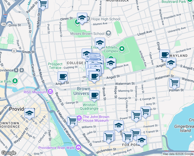 map of restaurants, bars, coffee shops, grocery stores, and more near 245 Meeting Street in Providence
