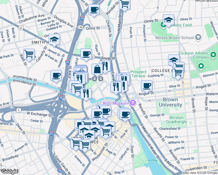 map of restaurants, bars, coffee shops, grocery stores, and more near 25 Park Row West in Providence