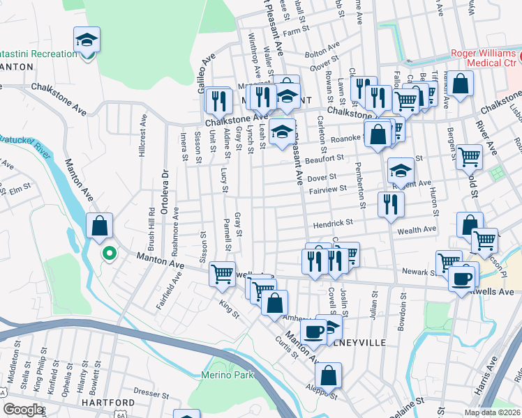 map of restaurants, bars, coffee shops, grocery stores, and more near 131 Fairview Street in Providence