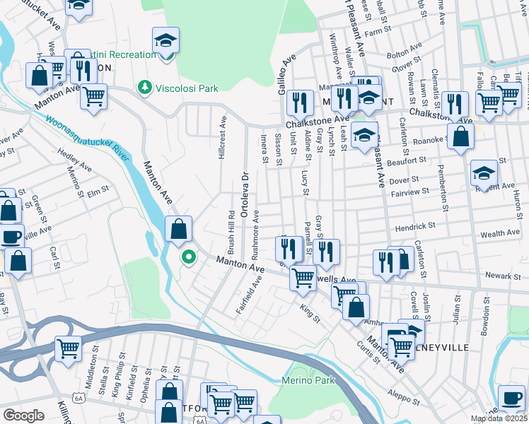 map of restaurants, bars, coffee shops, grocery stores, and more near 114 Rushmore Avenue in Providence
