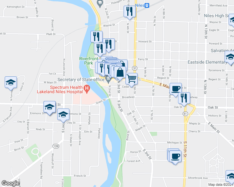 map of restaurants, bars, coffee shops, grocery stores, and more near 116 North 3rd Street in Niles