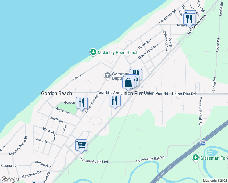 map of restaurants, bars, coffee shops, grocery stores, and more near 16019 Lakeshore Road in Union Pier