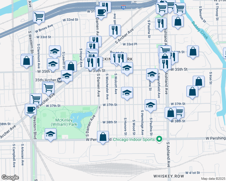 map of restaurants, bars, coffee shops, grocery stores, and more near 3550 South Wolcott Avenue in Chicago