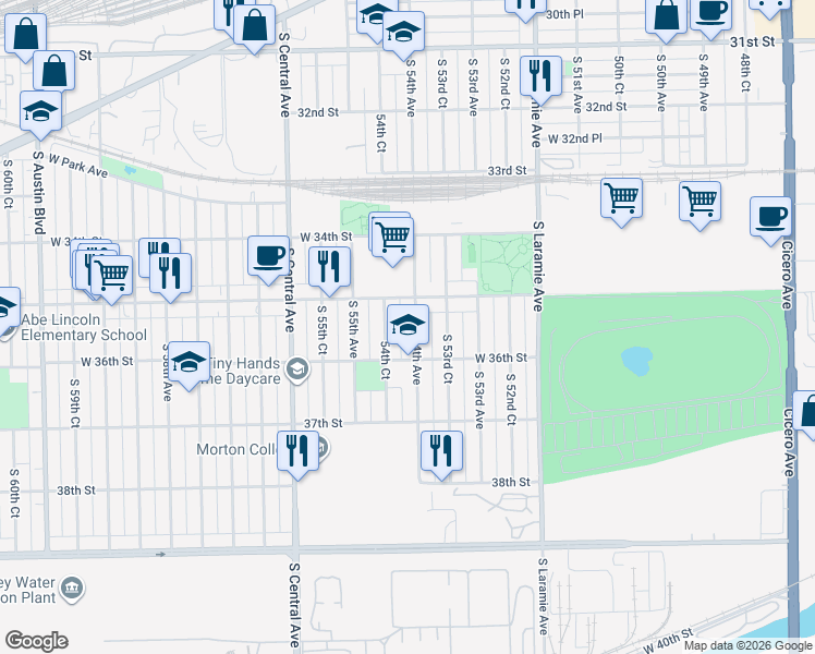 map of restaurants, bars, coffee shops, grocery stores, and more near 3501 54th Court in Cicero