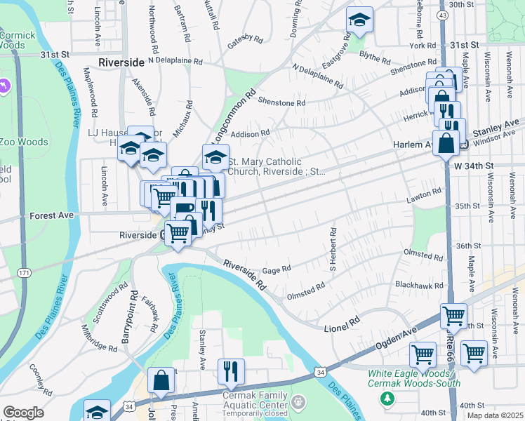 map of restaurants, bars, coffee shops, grocery stores, and more near 115 East Burlington Street in Riverside