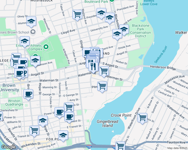 map of restaurants, bars, coffee shops, grocery stores, and more near 229 Waterman Street in Providence