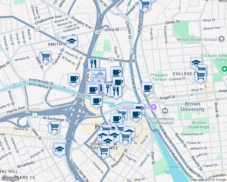 map of restaurants, bars, coffee shops, grocery stores, and more near in Providence